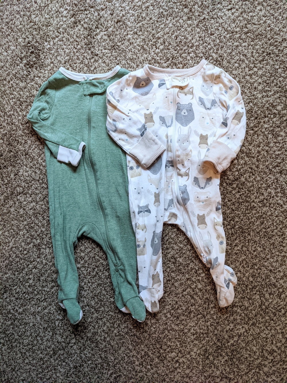 Set of 2 Baby Footed One-Piece Sleepers in Green and Animal Print